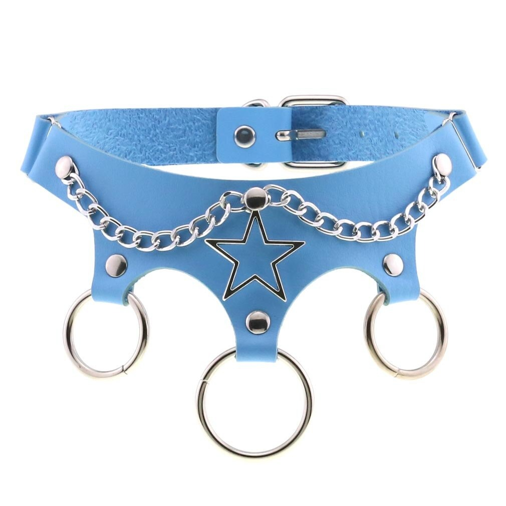 Blue leather star choker with metal chains and rings, trendy punk accessory for women.