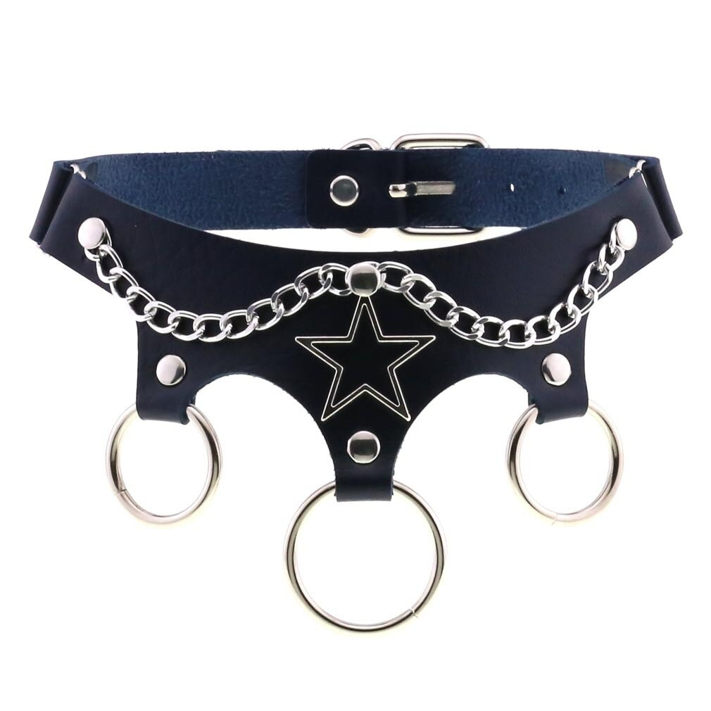 Ladies black leather star choker with metal chains and rings, perfect for punk style and cosplay accessories.