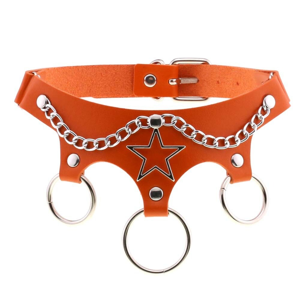 Punk style orange leather choker with star design and metal chain, perfect for female cosplay accessories.