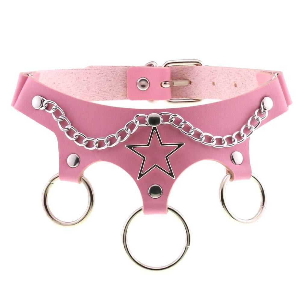 Pink leather choker collar with star design and metal chains for punk style fashion accessories.