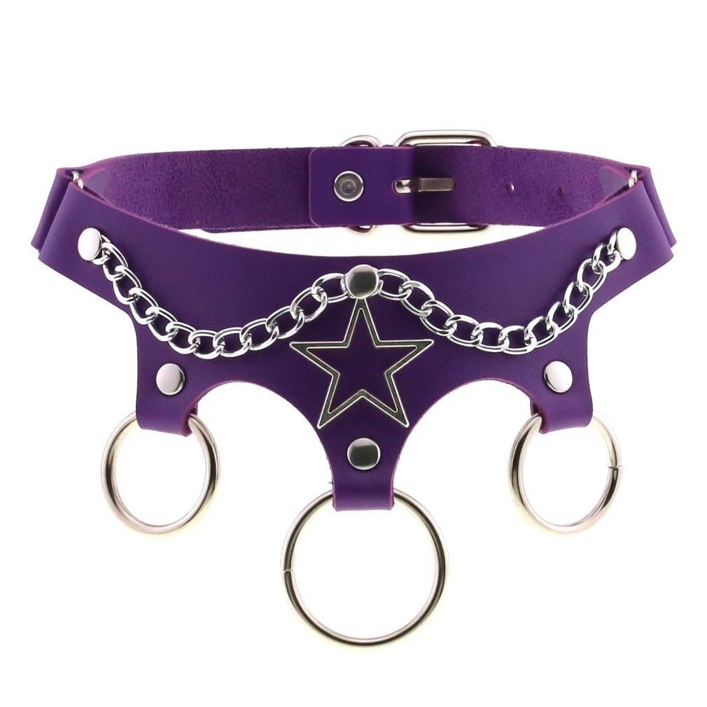 Purple leather choker with star detail, chains, and metal rings; perfect for punk style and cosplay accessories.