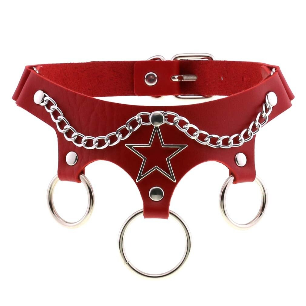 Red leather choker with star detail and metal chains, perfect for punk style and cosplay accessories.