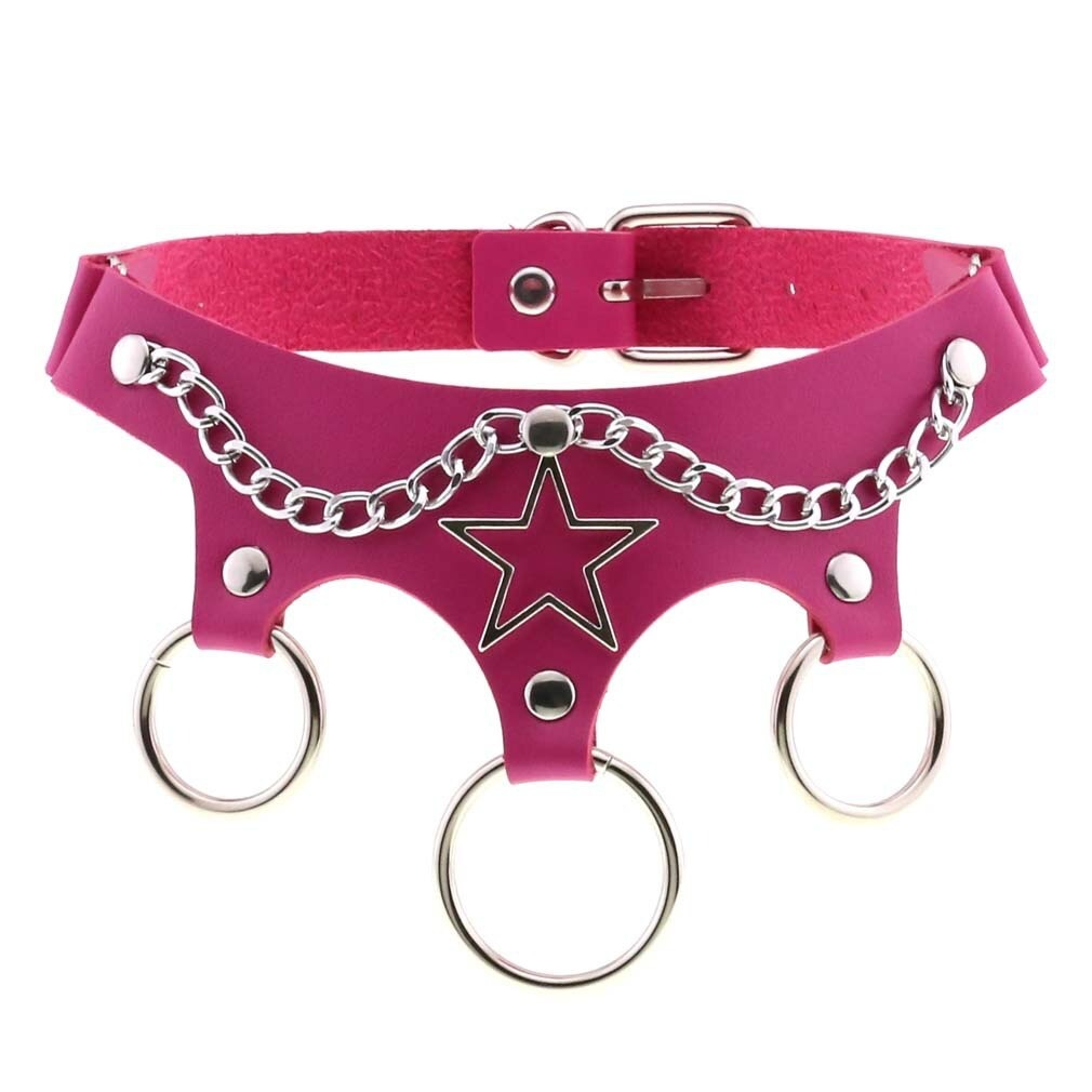 Stylish pink leather star choker with chain and rings, perfect for punk cosplay accessories.