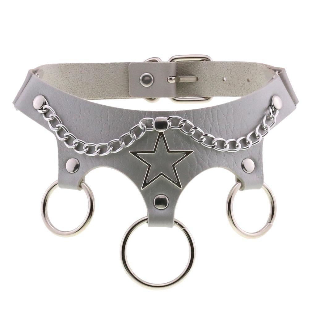 Stylish ladies' grey leather punk choker with star design and metal chains, perfect for cosplay and edgy fashion.