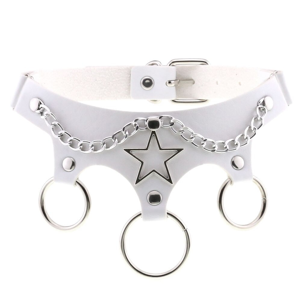 White leather star choker with metal chains and rings, perfect for punk style and cosplay accessories for women.