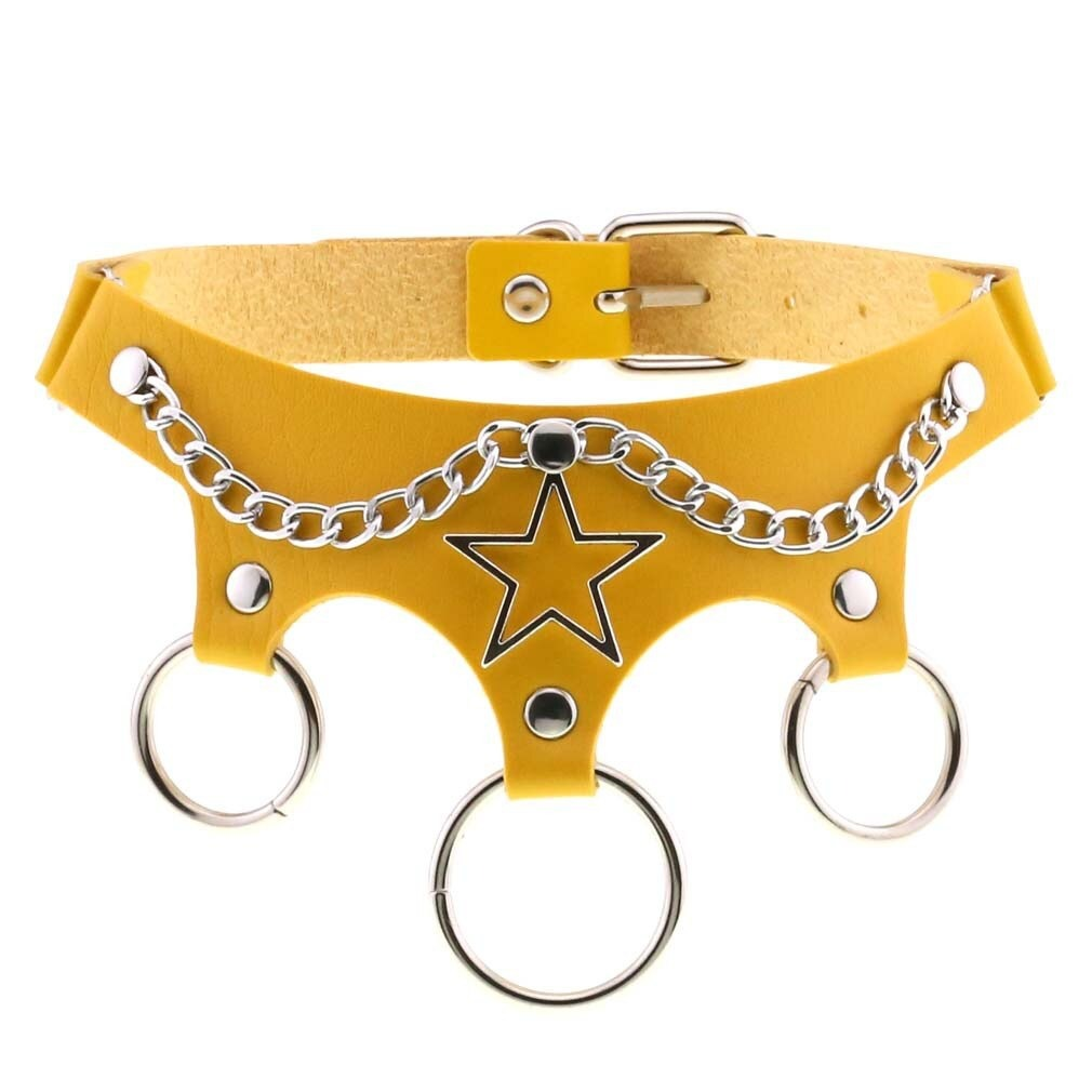 Stylish yellow PU leather choker with star design and metal chain, perfect for punk fashion and cosplay accessories.