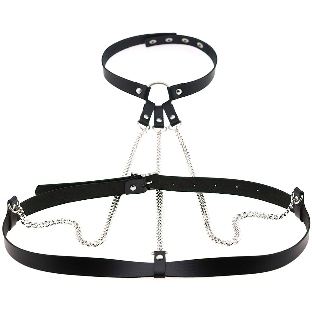Ladies leather body suspenders with chains, a stylish 3-in-1 harness and choker accessory for alternative fashion.