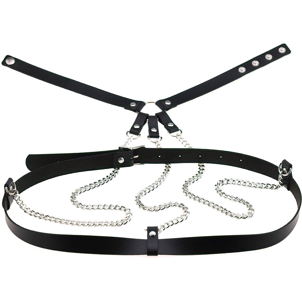 Ladies leather body suspenders with chains, stylish 3-in-1 harness for alternative fashion enthusiasts.