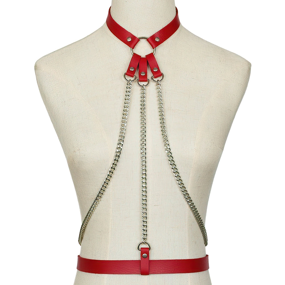Ladies red leather strap body harness with chains, perfect for alternative style fashion and statement accessories.