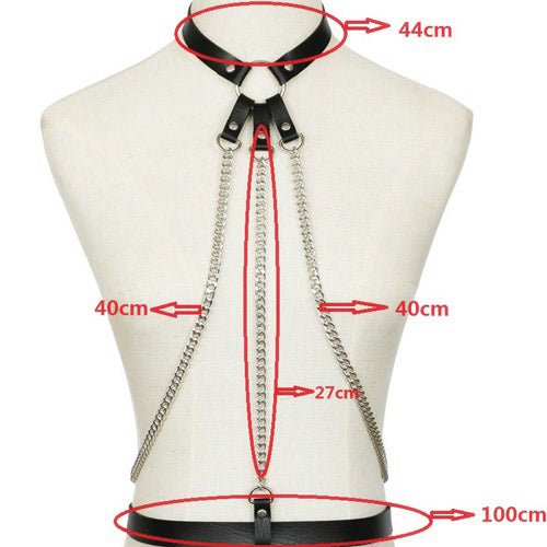 Ladies leather body suspenders with chains displaying size measurements on a mannequin.