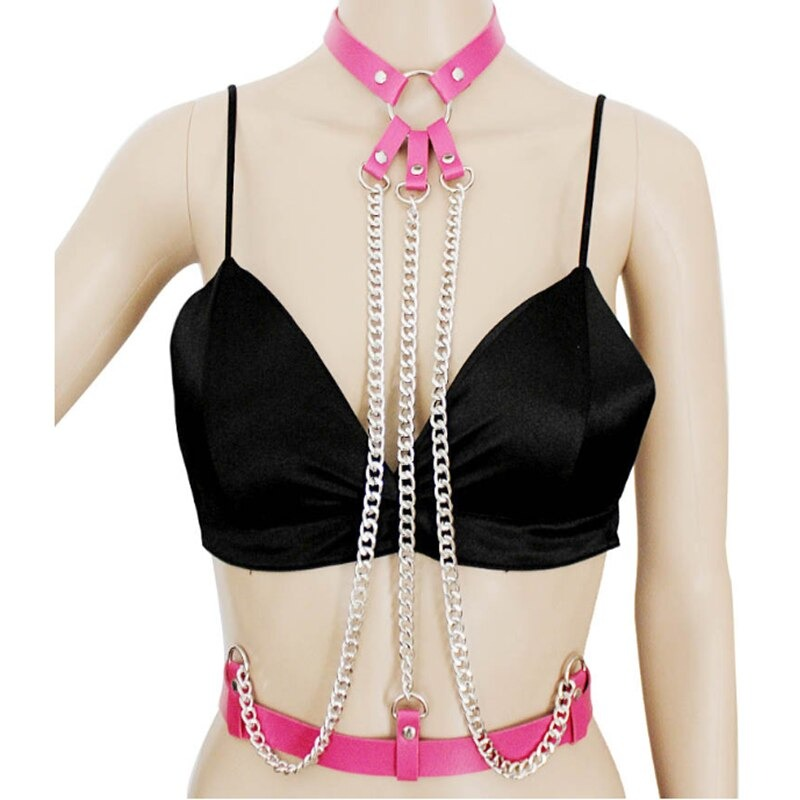 Ladies leather straps body suspenders with metal chains, offering a stylish alternative harness accessory.