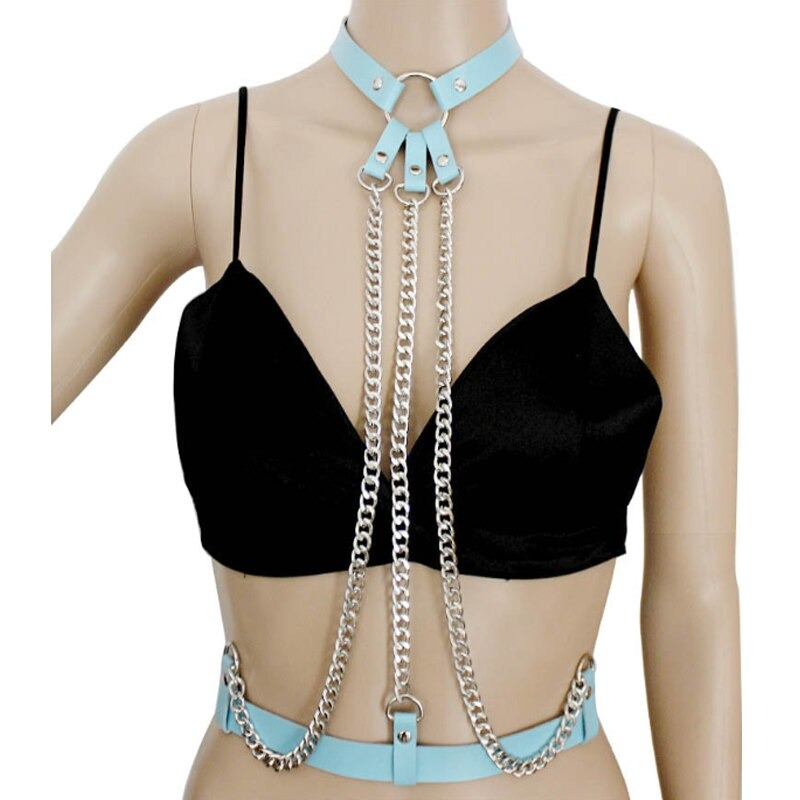 Ladies leather body harness with chains and straps, providing an edgy alternative style accessory.