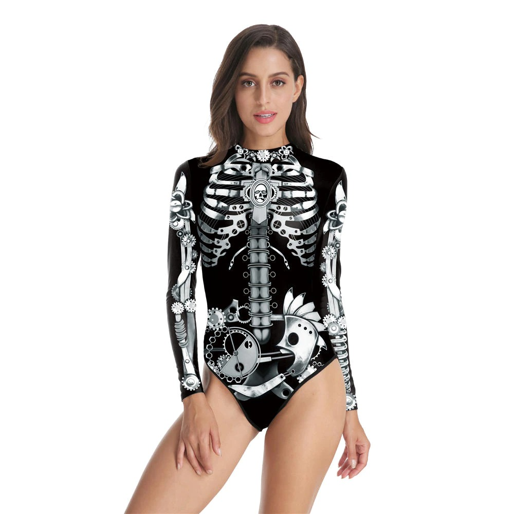 Ladies long sleeve swimsuit with 3D skeleton print, perfect for Halloween-themed swimwear.