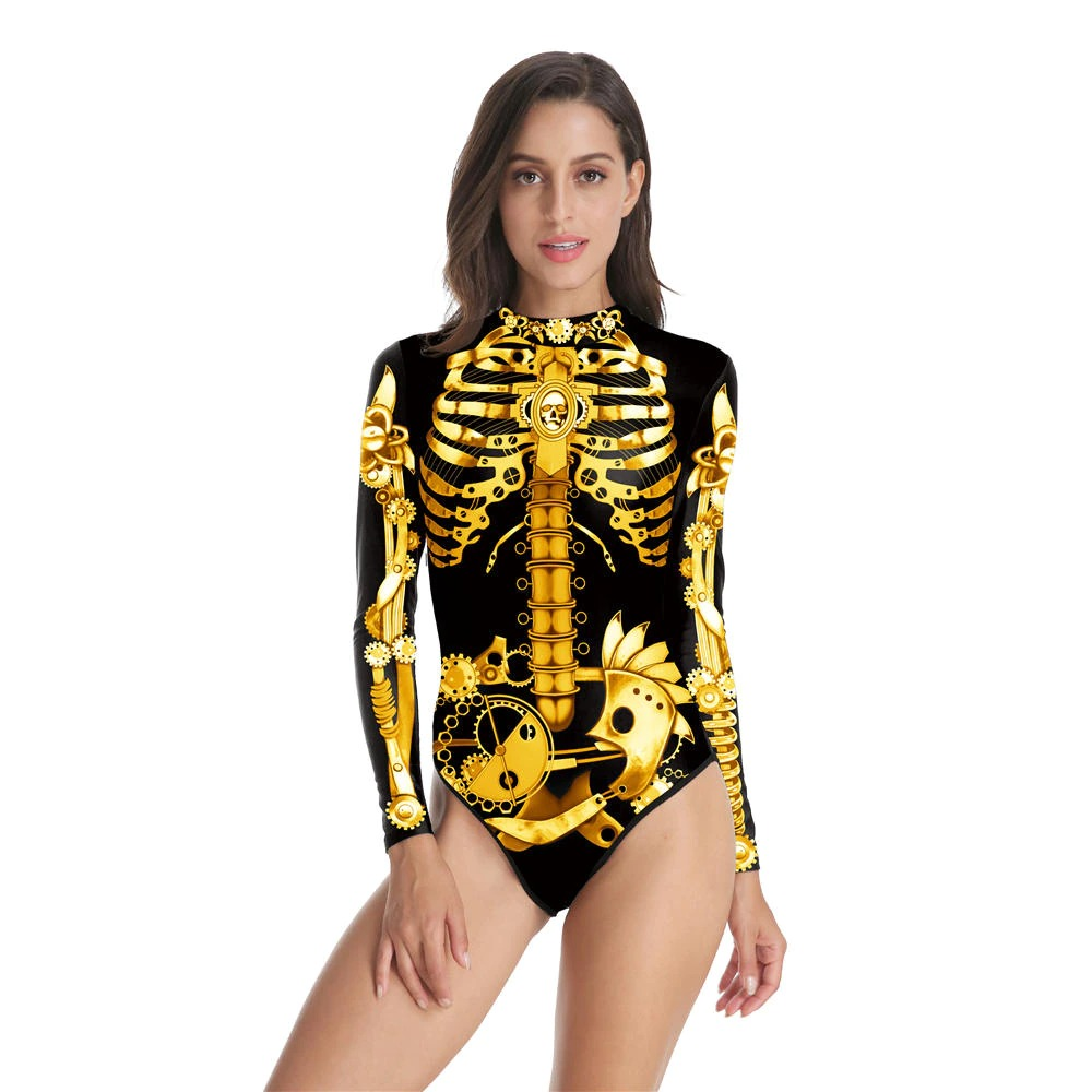 Ladies long sleeve Halloween swimsuit with 3D skeleton print design in gold and black.