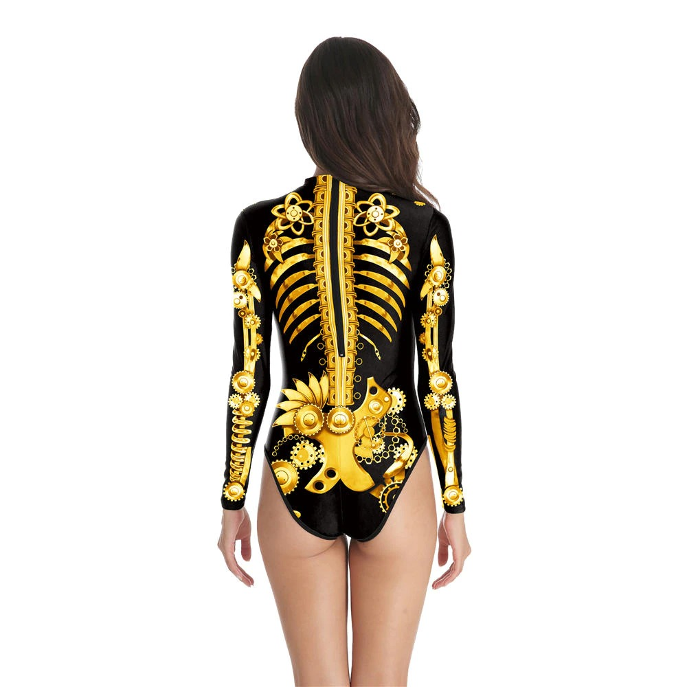 Ladies long sleeve Halloween swimsuit with 3D skeleton print, perfect for trendy swimwear looks.