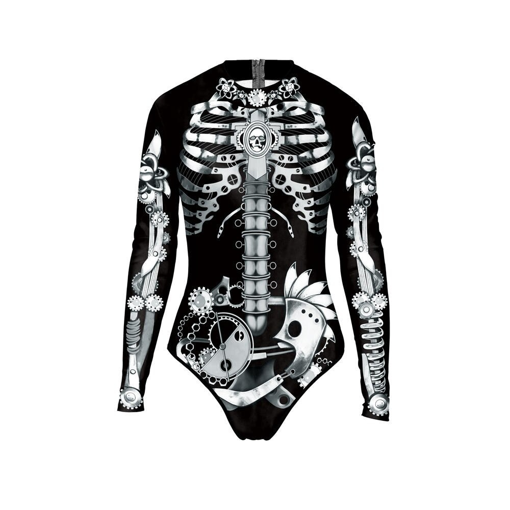 Ladies long sleeve black one-piece swimsuit with 3D skeleton print for Halloween fun.