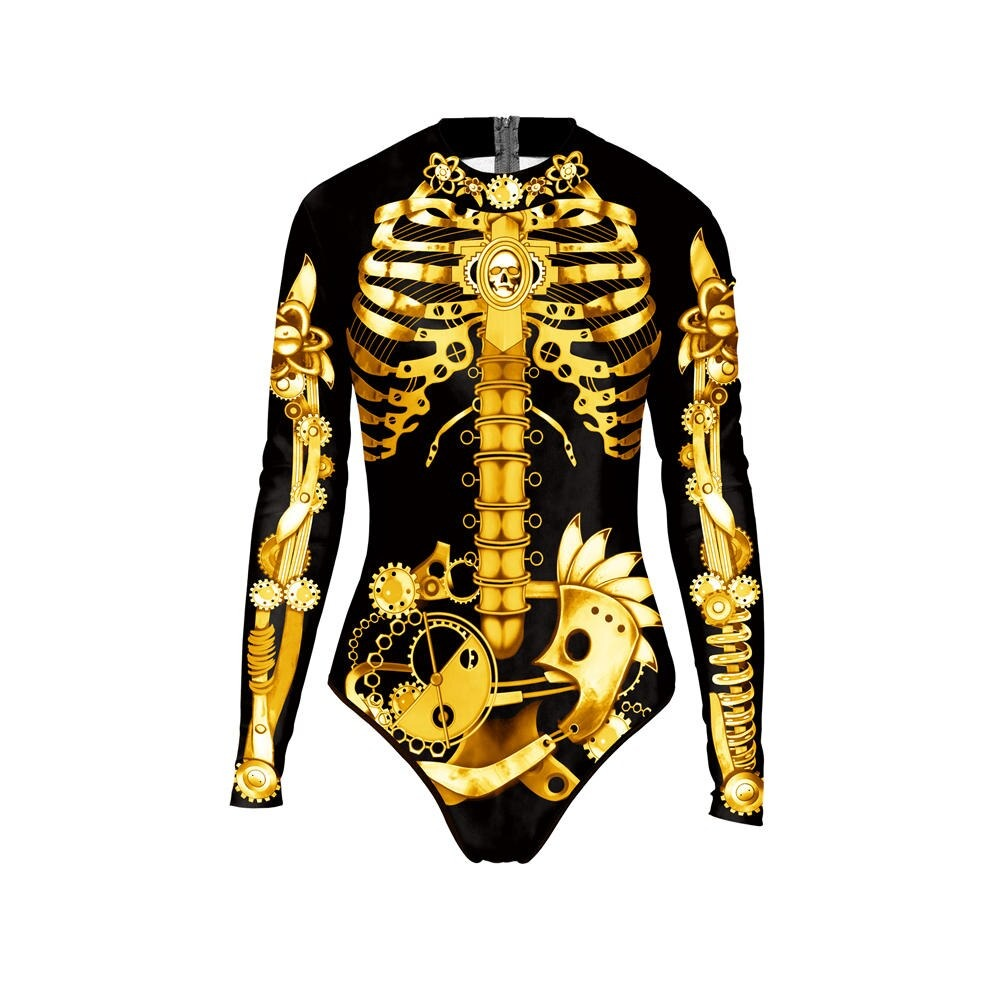 Ladies long sleeve one-piece swimsuit with metallic skeleton design, perfect for Halloween celebrations.