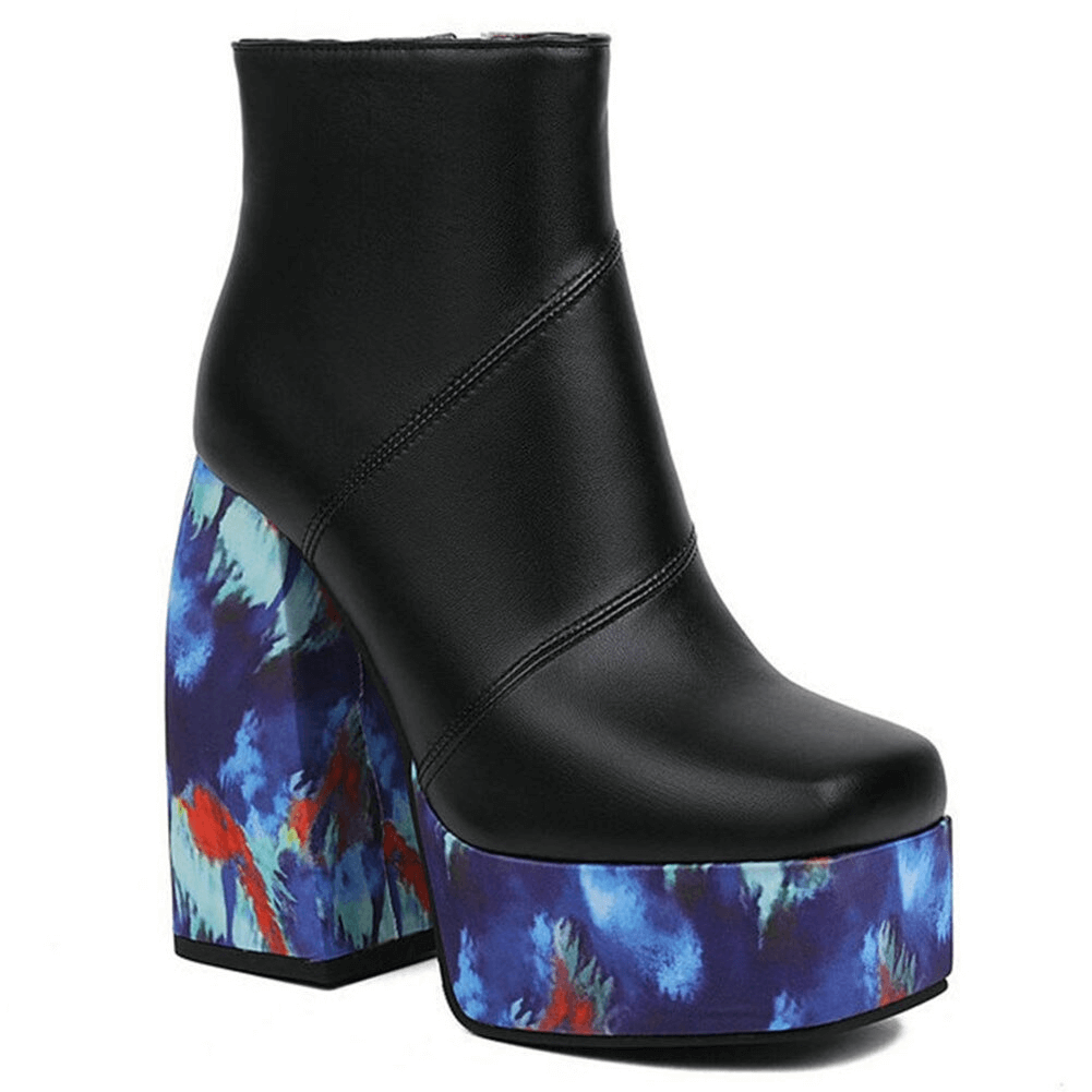 Ladies black platform square toe boots with colorful floral heel design, stylish and modern high heels for women.