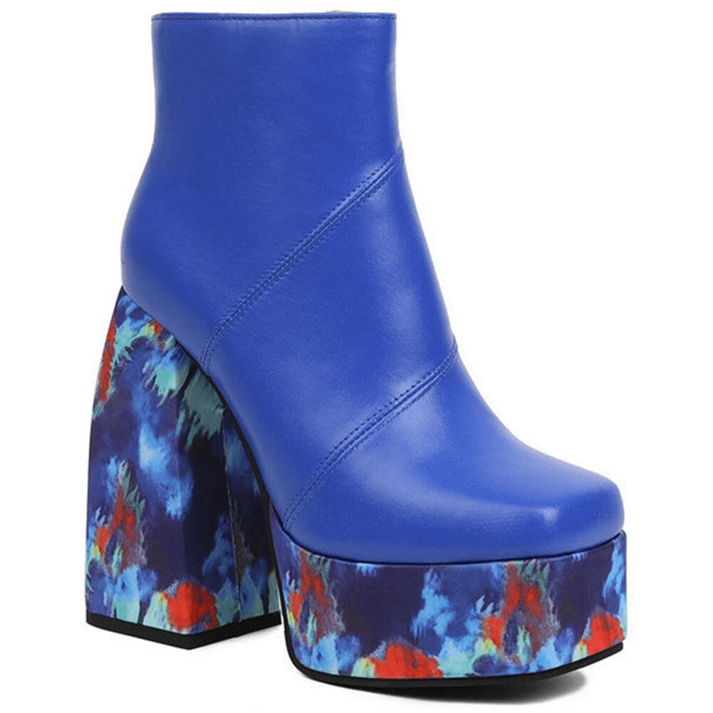 Stylish women's blue platform square toe boots with colorful floral thick high heels for a fashionable look.
