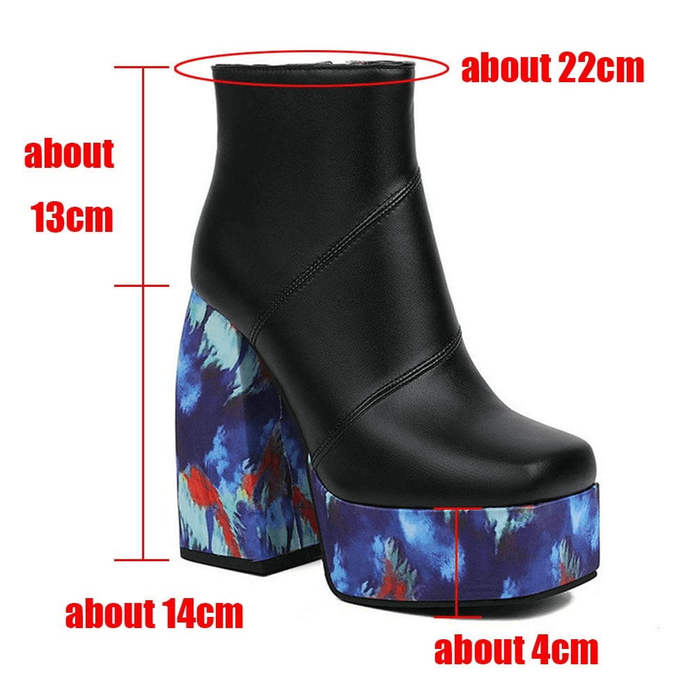 Stylish ladies platform square toe boots with thick colorful high heels, perfect for a trendy casual look.