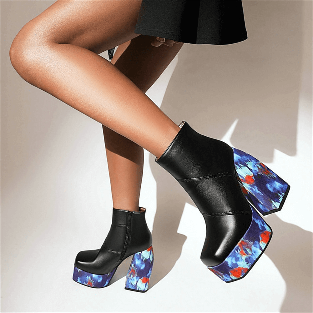 Stylish ladies platform square toe boots with colorful thick heels, perfect for a trendy casual look.