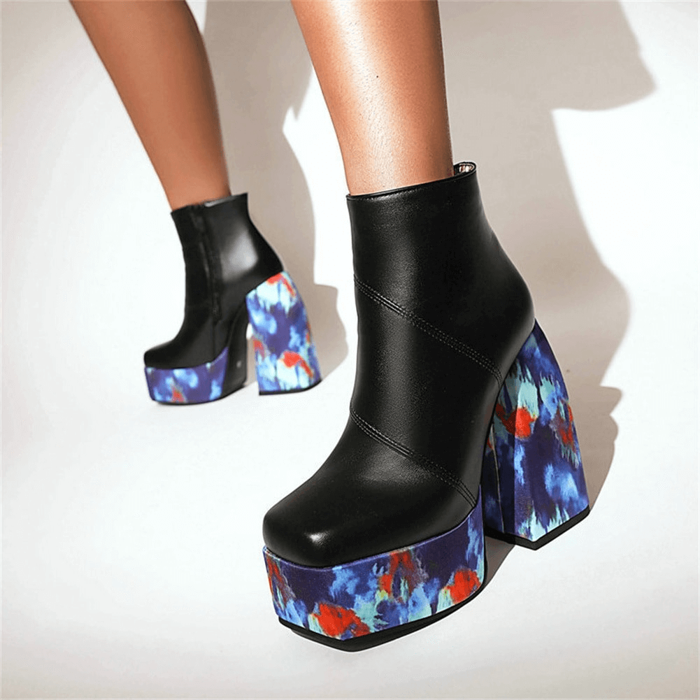 Ladies trendy platform square toe boots with colorful patterned heels, perfect for adding style to any outfit.