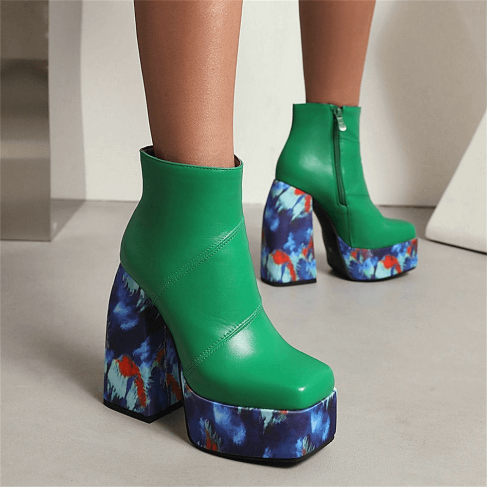 Ladies green platform square toe boots with colorful thick heels for a stylish casual look.