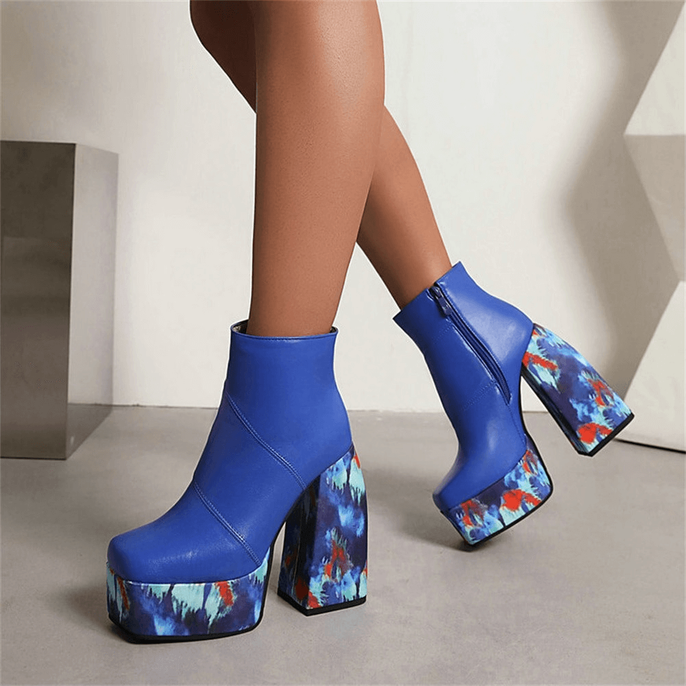 Stylish blue platform square toe boots with colorful thick heels, perfect for a chic casual look.