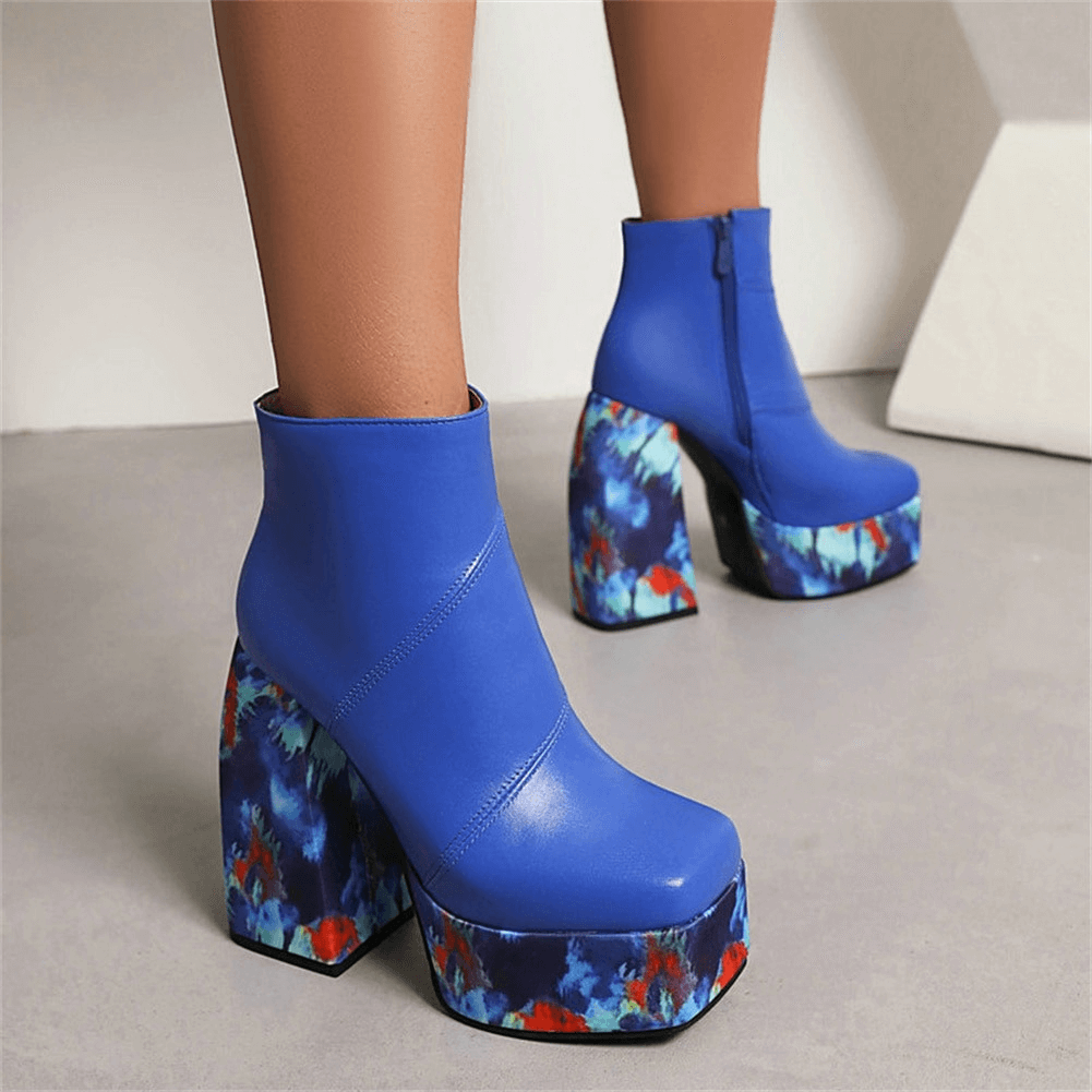 Stylish blue platform square toe boots with colorful heels for women, perfect for a fashionable casual look.