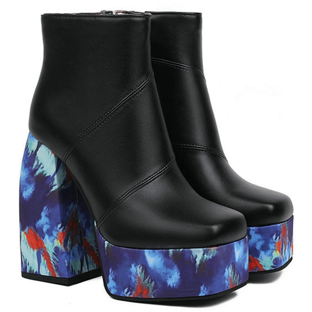 Chic black platform square toe boots with colorful patterned high heels for women.