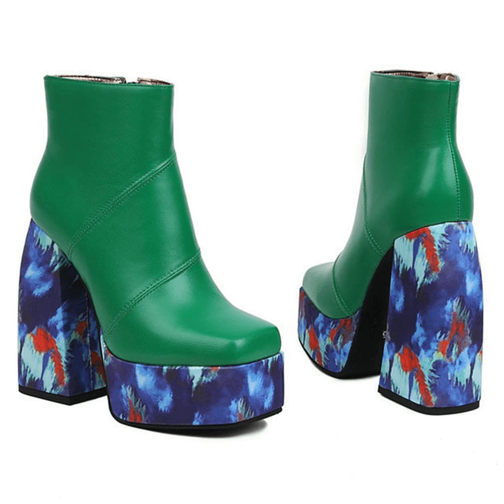 Stylish green platform square toe boots with colorful thick high heels for women.