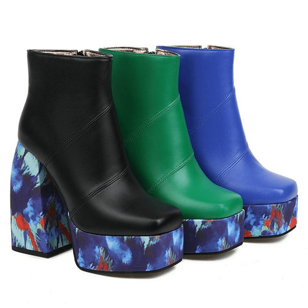 Ladies platform square toe boots in black, green, and blue, featuring thick high heels and colorful floral design.