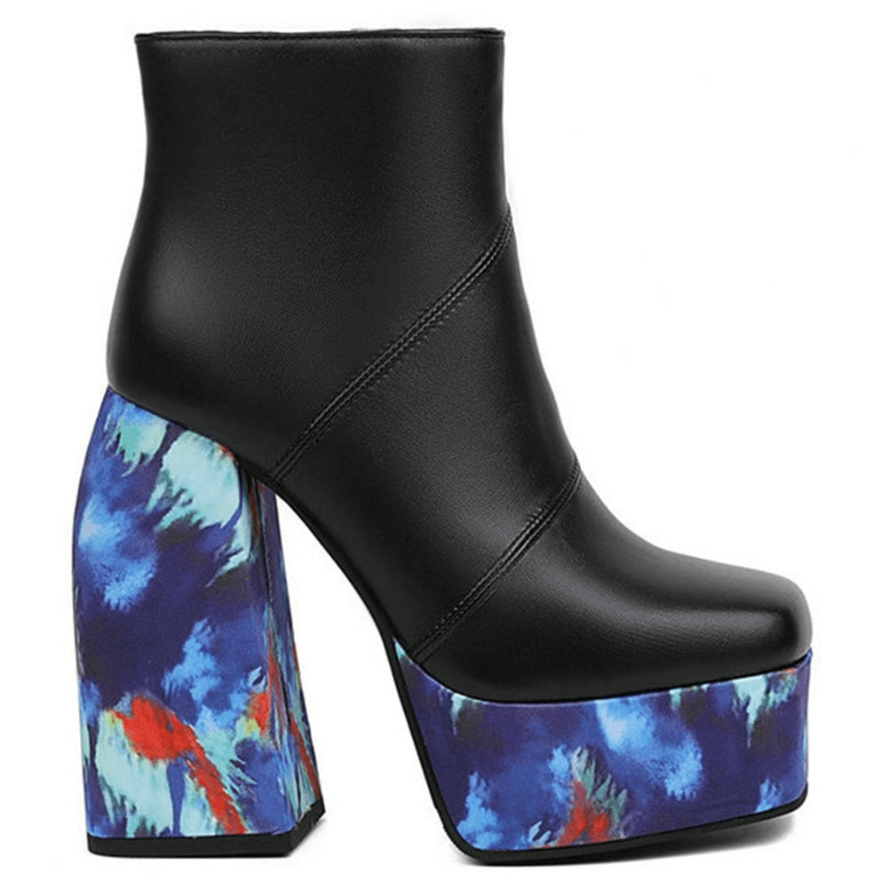 Chic black platform square toe boots with colorful patterned thick heels for trendy women's fashion.
