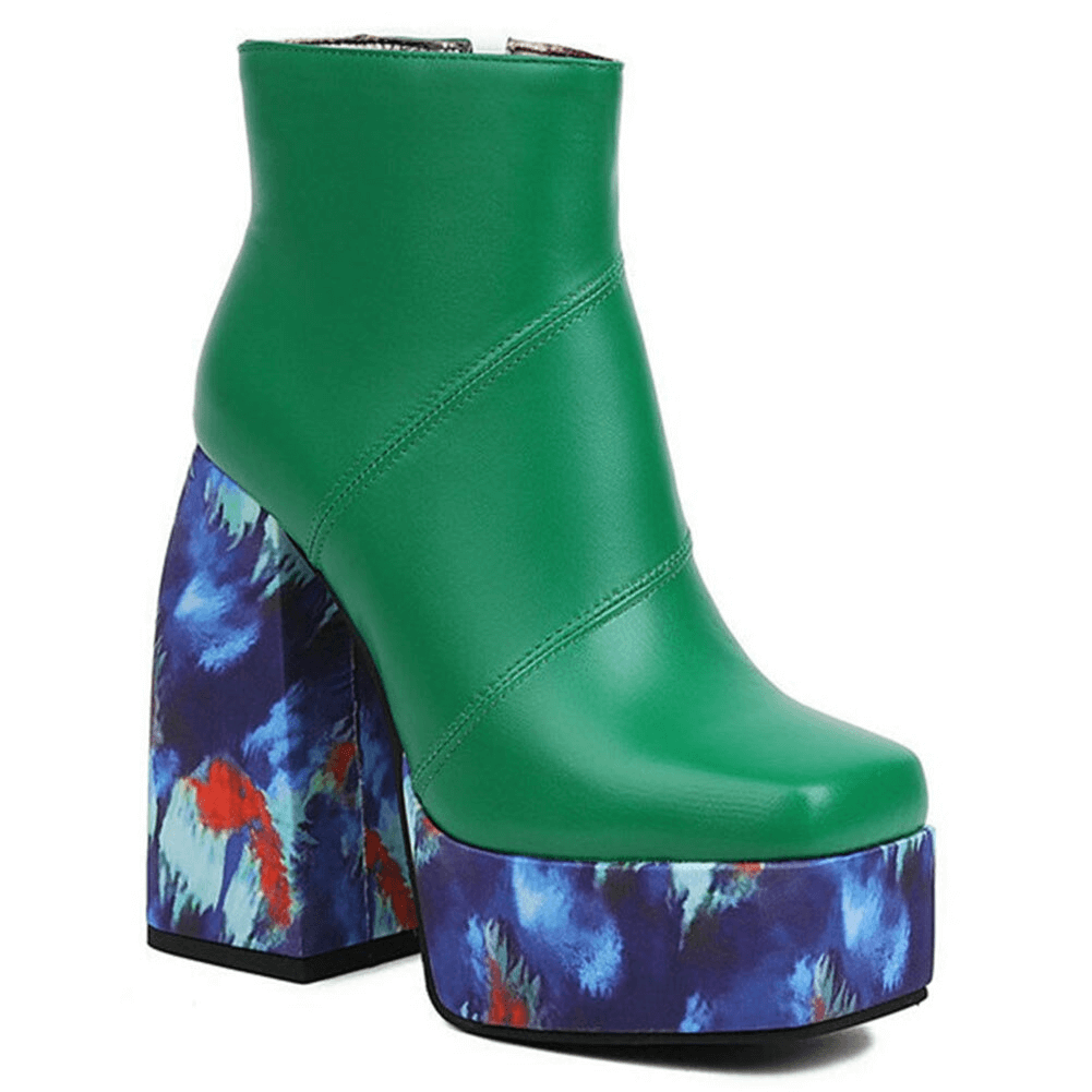 Stylish green platform square toe boots with colorful patterned thick heels for women