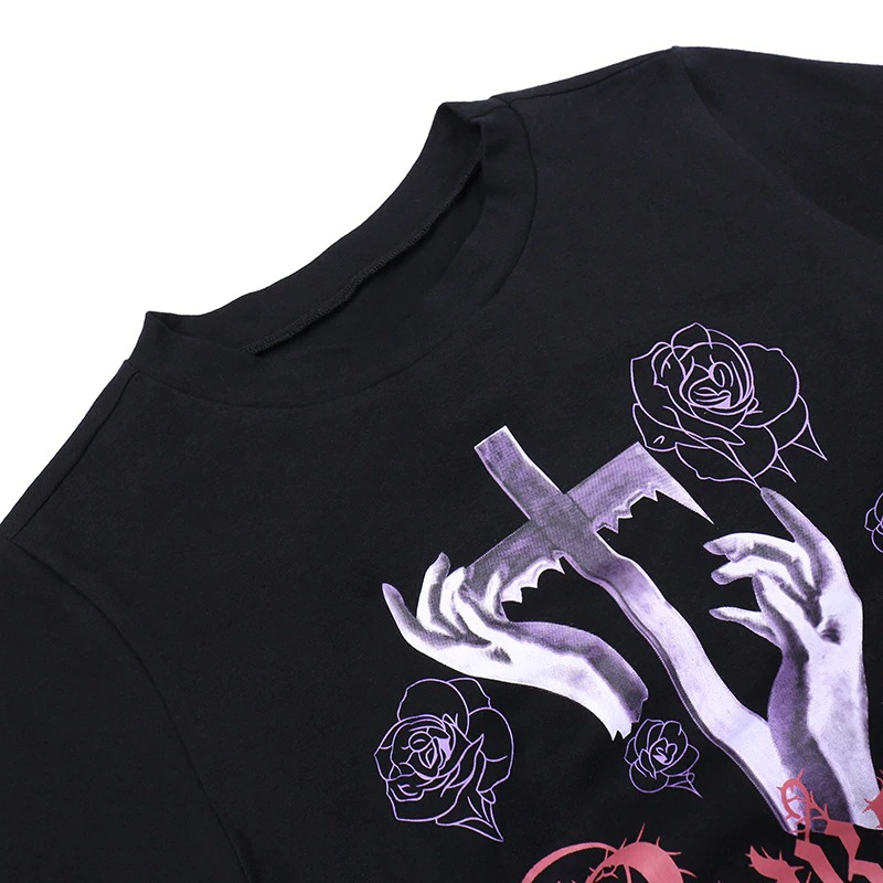 Ladies Rose and Cross Print Crop T-shirt / Anime Letter O-neck Short Sleeve Lace Up Tee - HARD'N'HEAVY