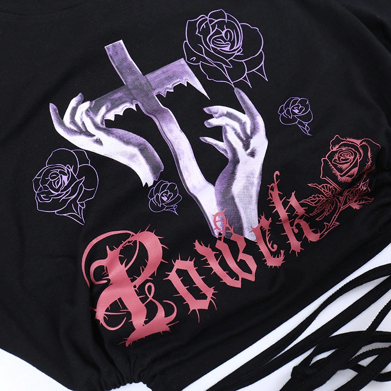Ladies Rose and Cross Print Crop T-shirt / Anime Letter O-neck Short Sleeve Lace Up Tee - HARD'N'HEAVY