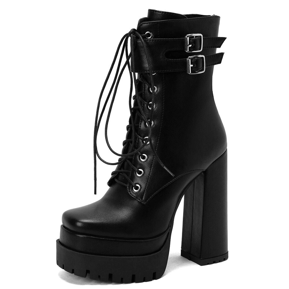Stylish ladies square high heels platform ankle boots with buckle and lace-up design in black leather.