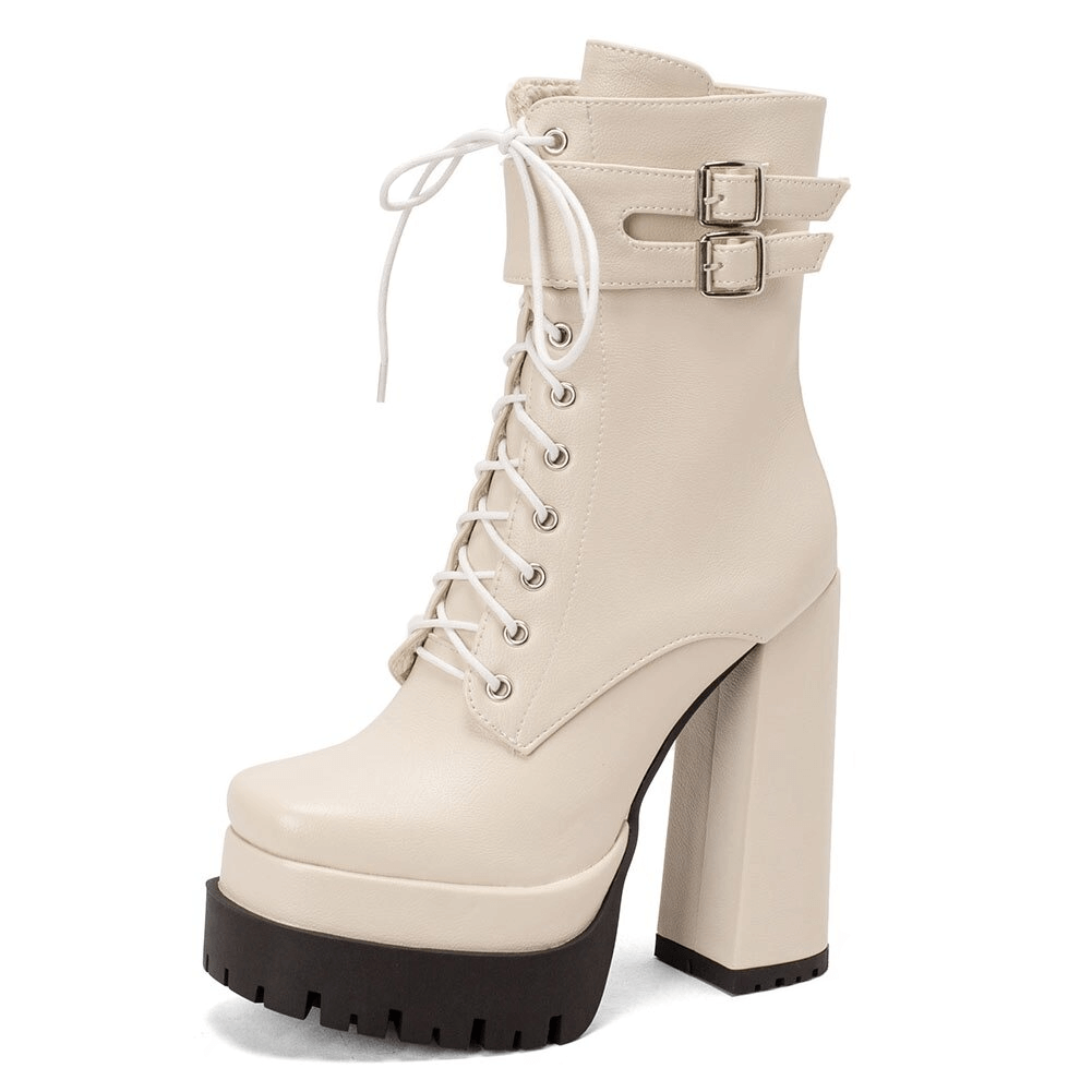 Stylish white ladies' square high heel ankle boots with lace-up design and buckle accents.