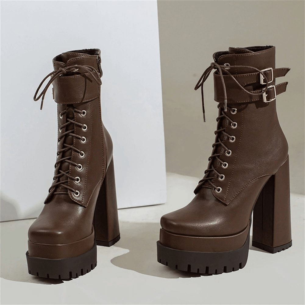 Stylish women's square high heels ankle boots with buckle and lace-up design, perfect for a punk fashion statement.