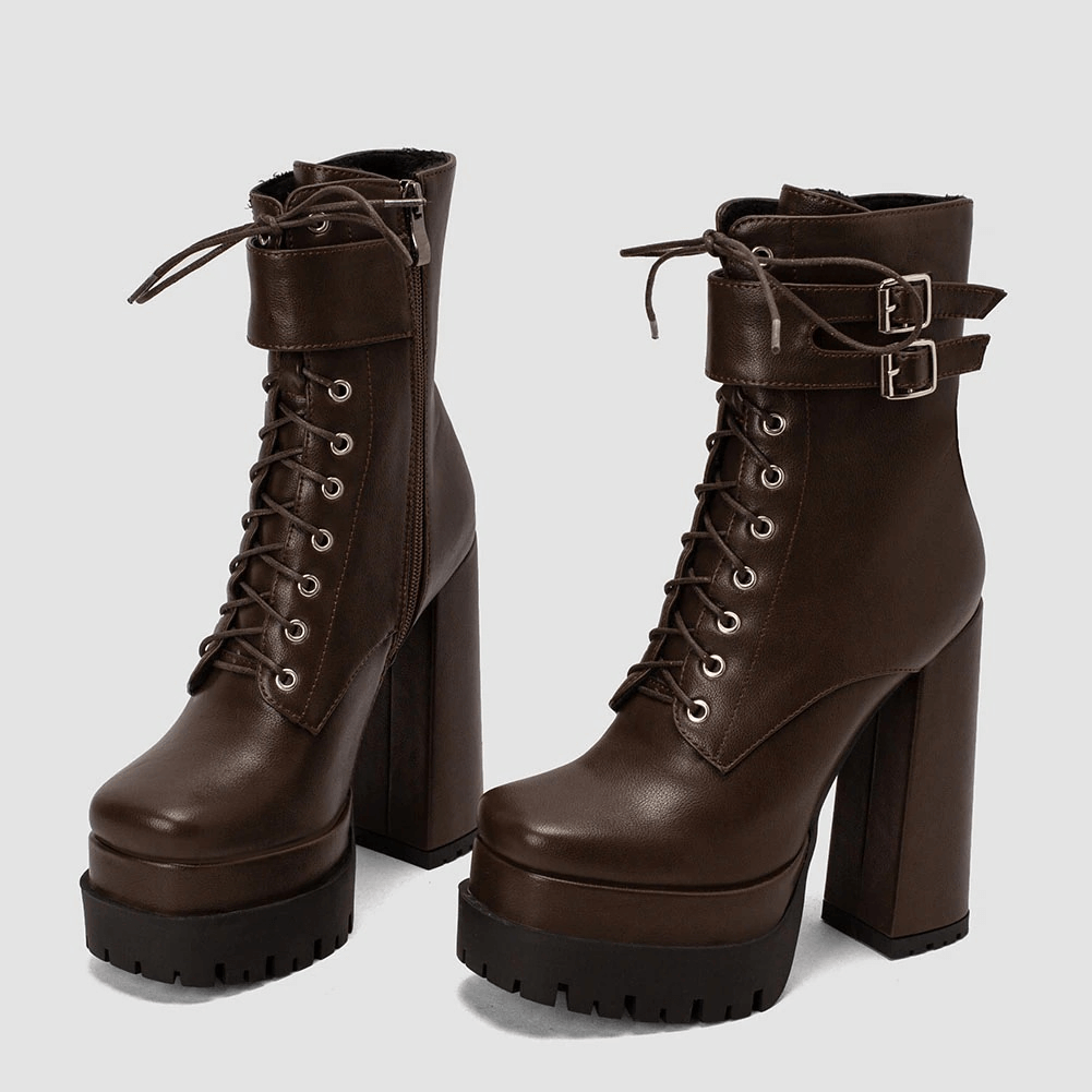 Stylish brown ladies square high heels with buckle and lace-up design, perfect for punk fashion lovers.