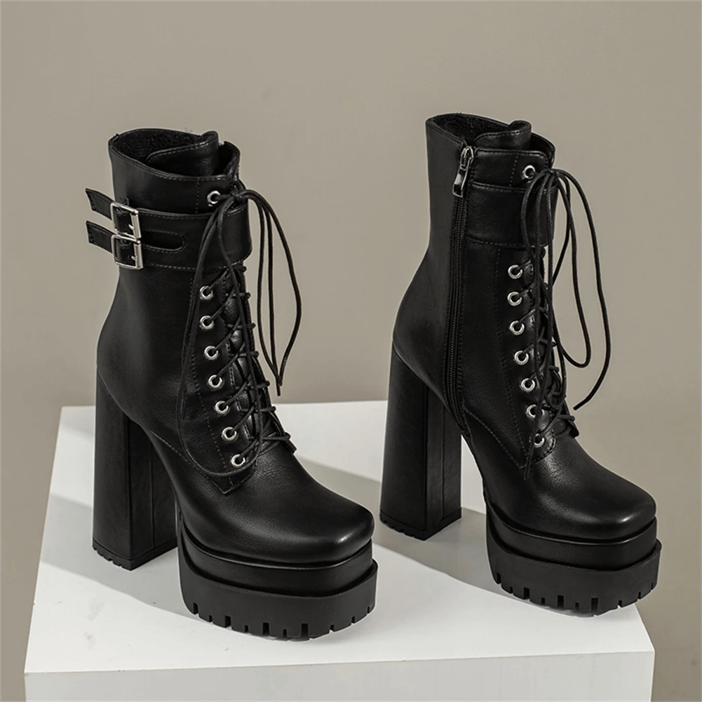 Ladies square high heels platform ankle boots with buckle and lace-up design, perfect for a stylish punk look.