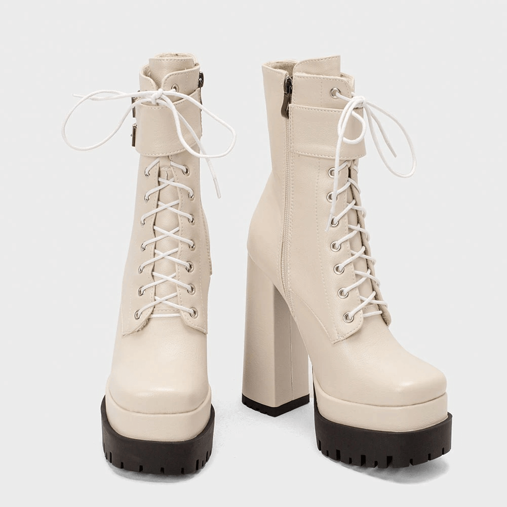 Stylish women's square high heels ankle boots in cream color with lace-up front and modern punk design.