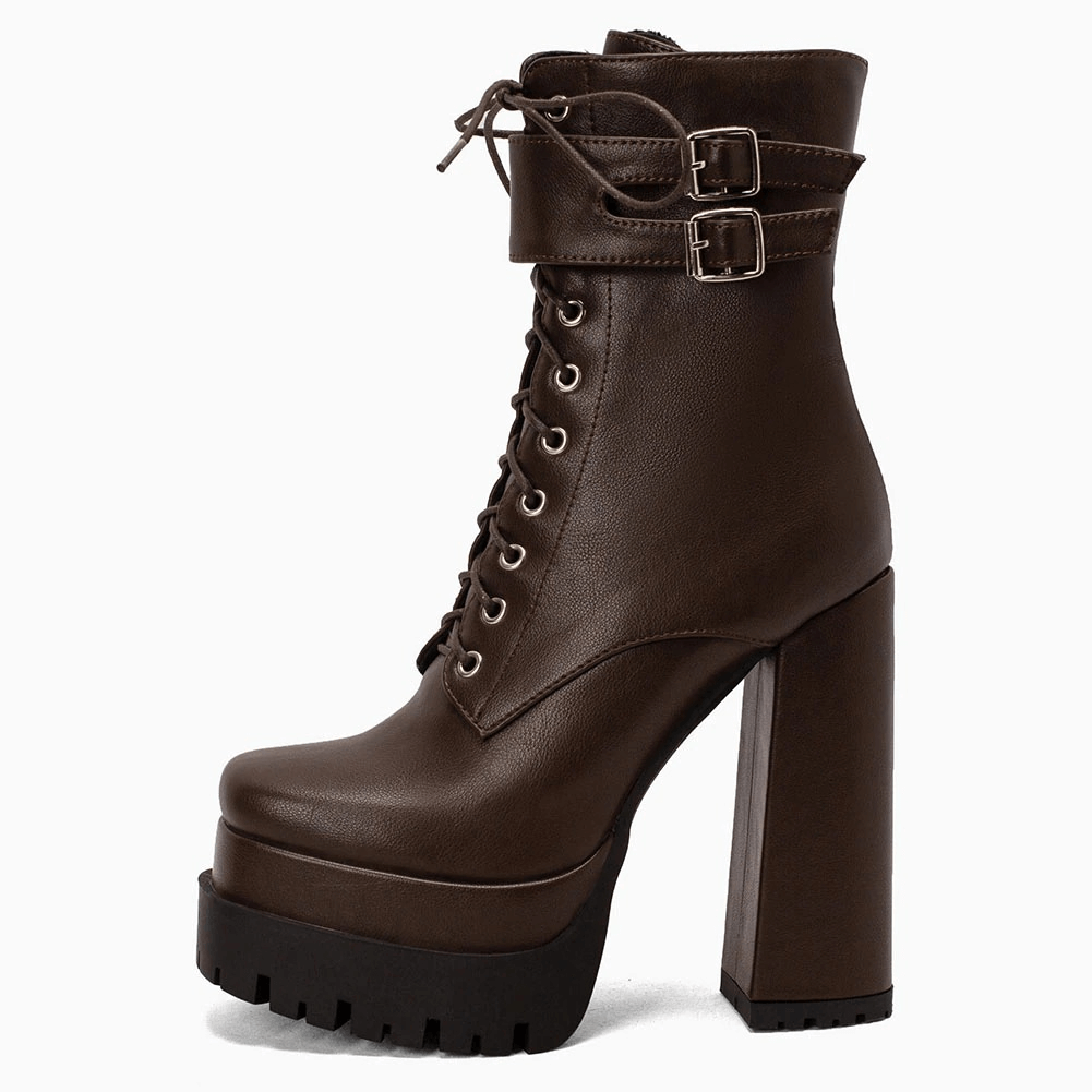 Stylish women's square high heel platform ankle boots in brown with lace-up and buckle design, perfect for punk fashion.