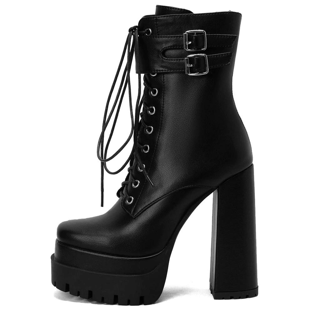Ladies stylish black punk ankle boots with square high heels and buckle detail, perfect for a modern edgy look.