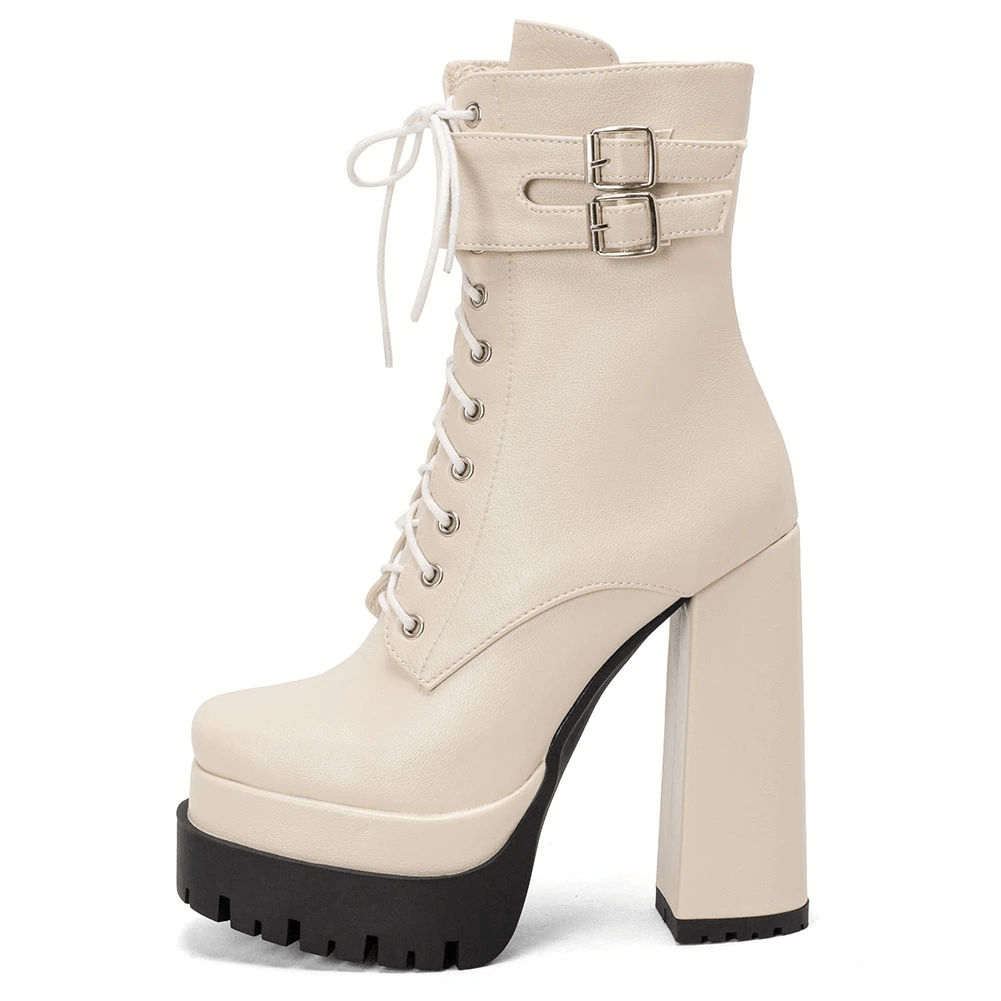 Stylish cream lace-up platform ankle boots with square high heels and buckle detail, perfect for punk-inspired fashion.
