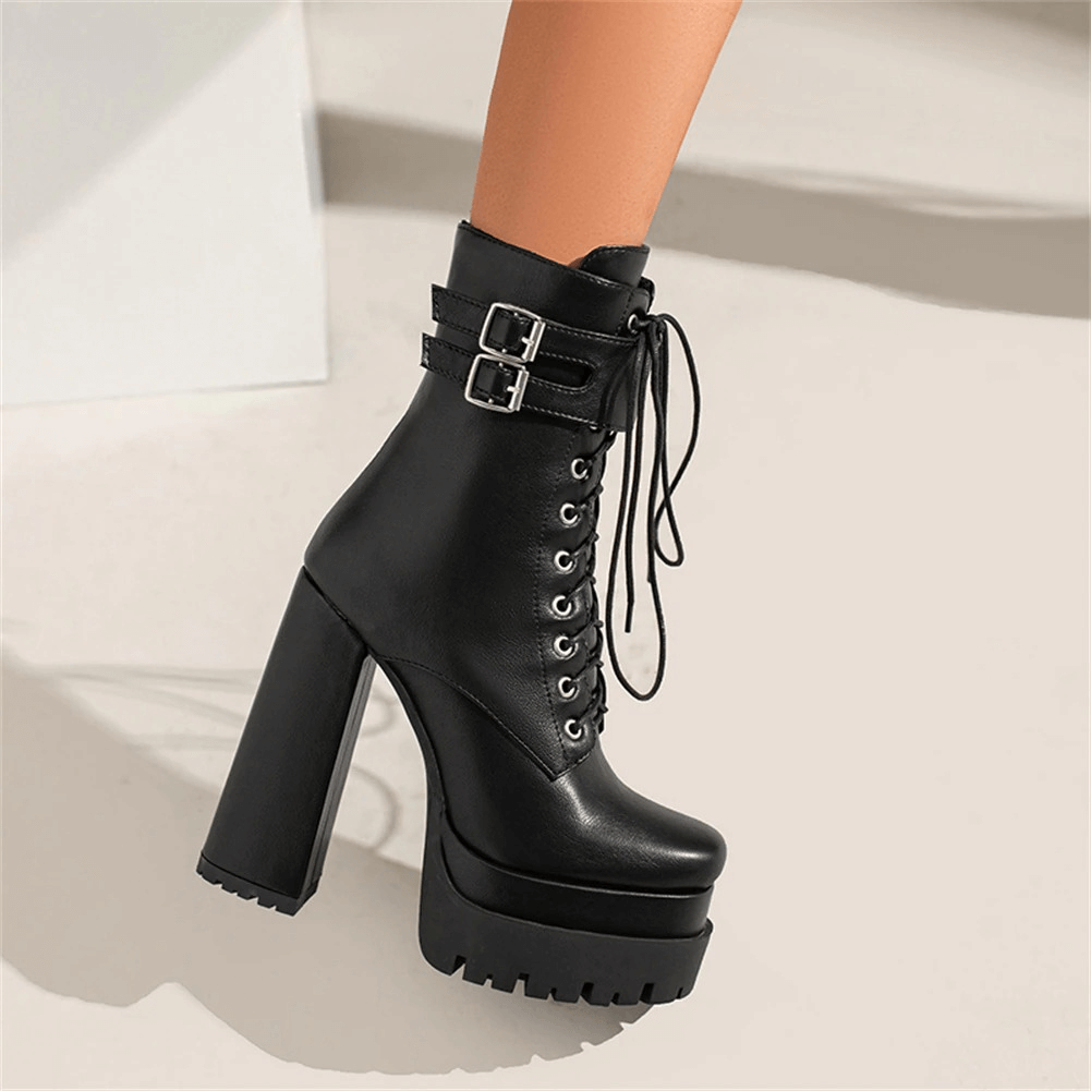 Ladies stylish black square high heel ankle boots with buckle and lace-up design, perfect for punk fashion lovers.