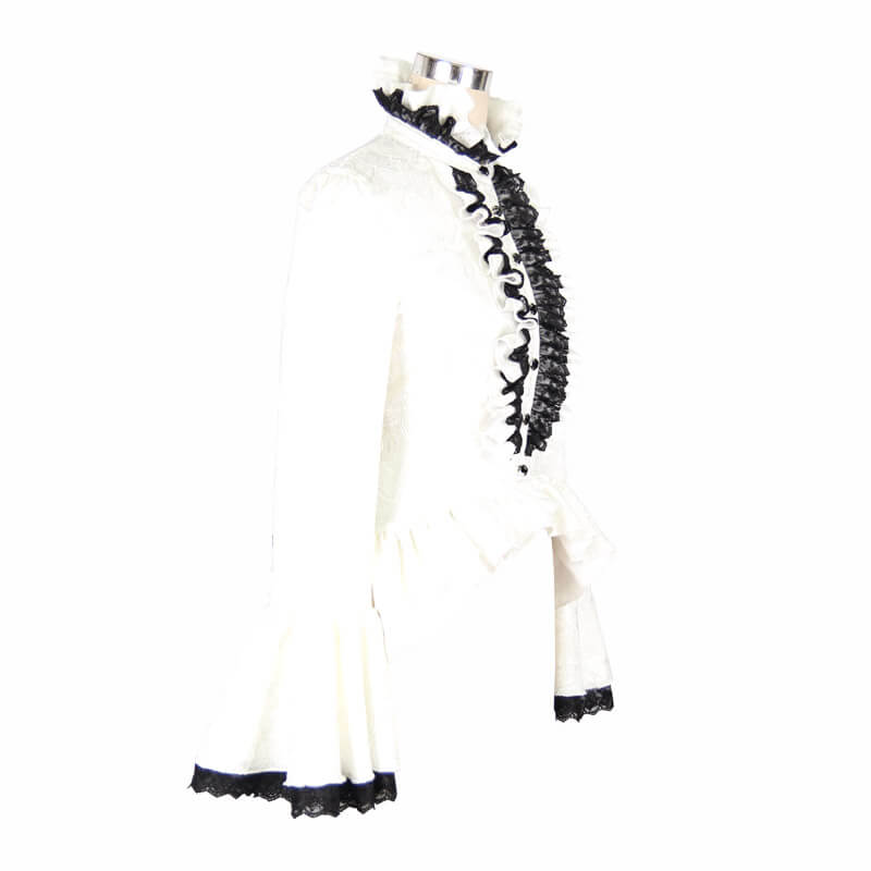 Ladies White High Collar Shirt With Ruffles & Black Lace / Gothic Womens Long Flared Sleeves Blouse - HARD'N'HEAVY