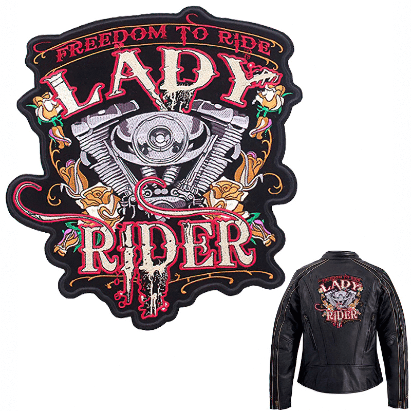 Lady Rider large embroidered iron-on patch featuring motorcycle design on a black background, perfect for biker jackets.