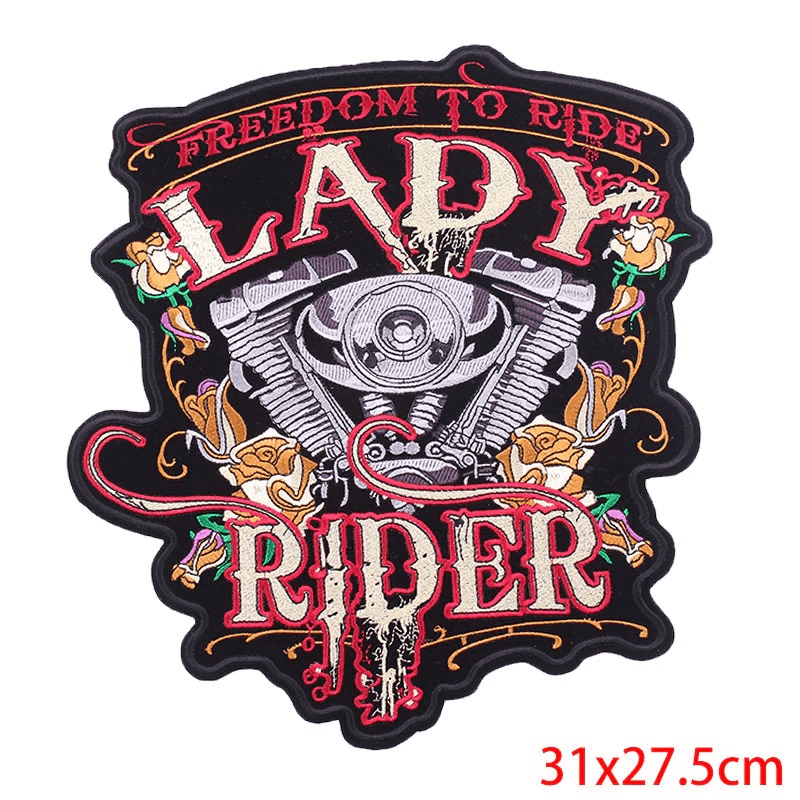 Large Lady Rider embroidered patch, biker style, perfect for jackets and bags, trendy accessory for riders.