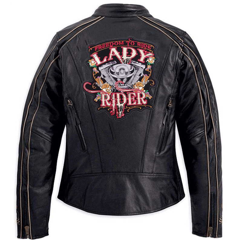 Lady Rider large embroidered iron-on patch on a stylish black biker jacket for women.